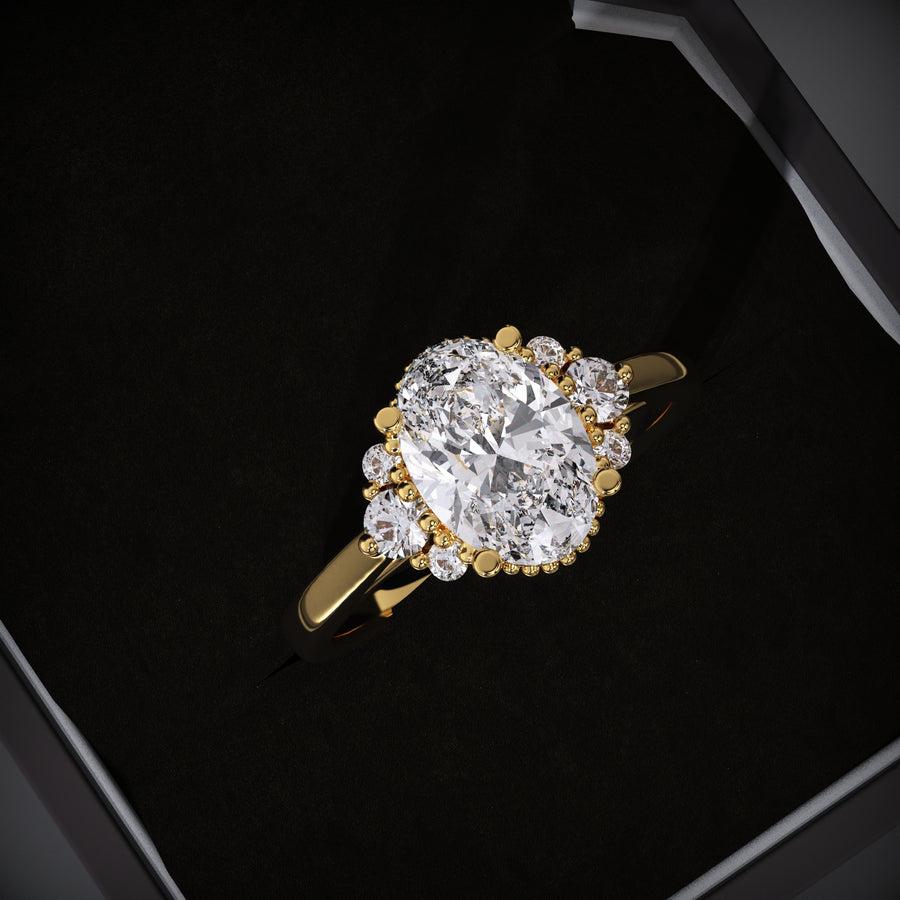 oval lab grown diamond ring
vintage cluster engagement ring
yellow gold engagement ring
oval diamond cluster ring