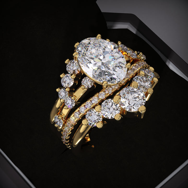 Oval Lab Grown Pave Engagement Ring & Three Curved Wedding Band