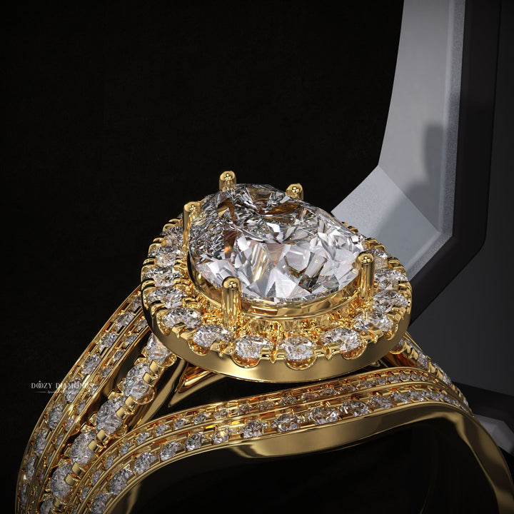 Pear Halo Lab Grown Engagement Ring - Double Wedding Band - Tripple Ring