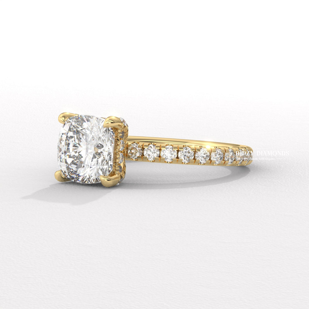 cushion hidden halo ring, cushion pave ring, cushion cathedral ring, cushion solitaire engagement ring, cushion bezel ring, cushion prong set ring, four prong engagement ring,
