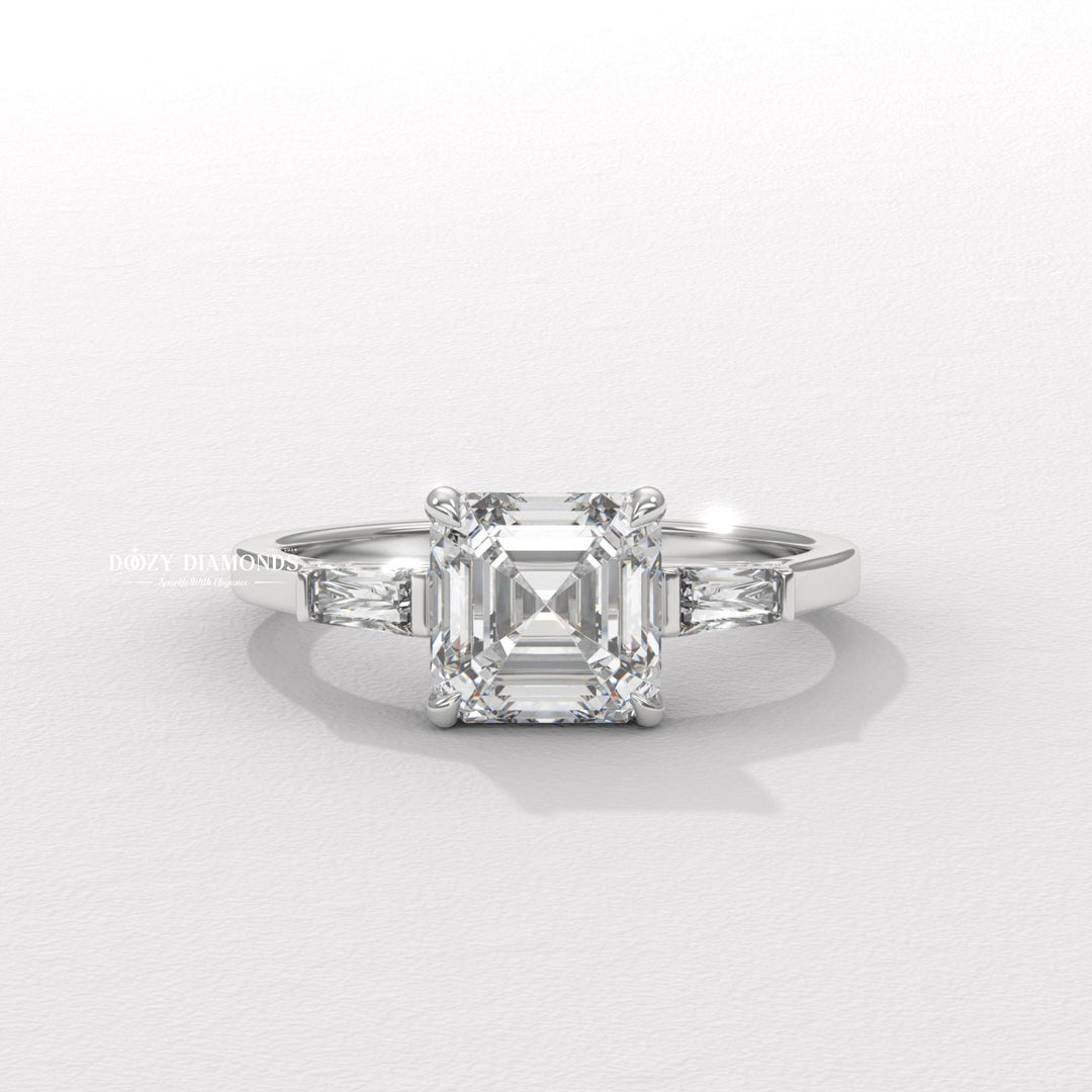 classic engagement ring, vintage inspired engagement ring, modern engagement ring, romantic proposal ring, asscher center stone ring, past present future ring, symbolic engagement ring,