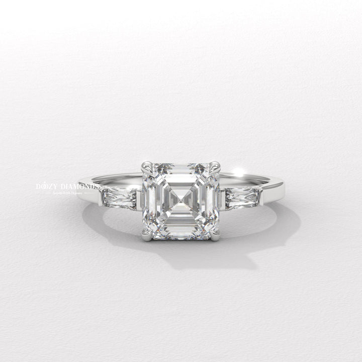 classic engagement ring, vintage inspired engagement ring, modern engagement ring, romantic proposal ring, asscher center stone ring, past present future ring, symbolic engagement ring,
