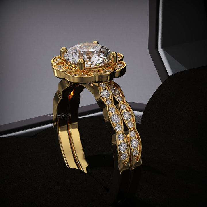 Round Lab Grown Flower Engagement Ring - Vintage Wedding Band Set