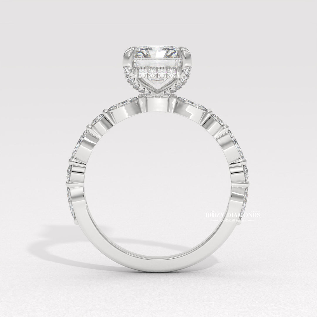 Radiant Lab Grown Diamond Engagement Ring With Marquise Pave
