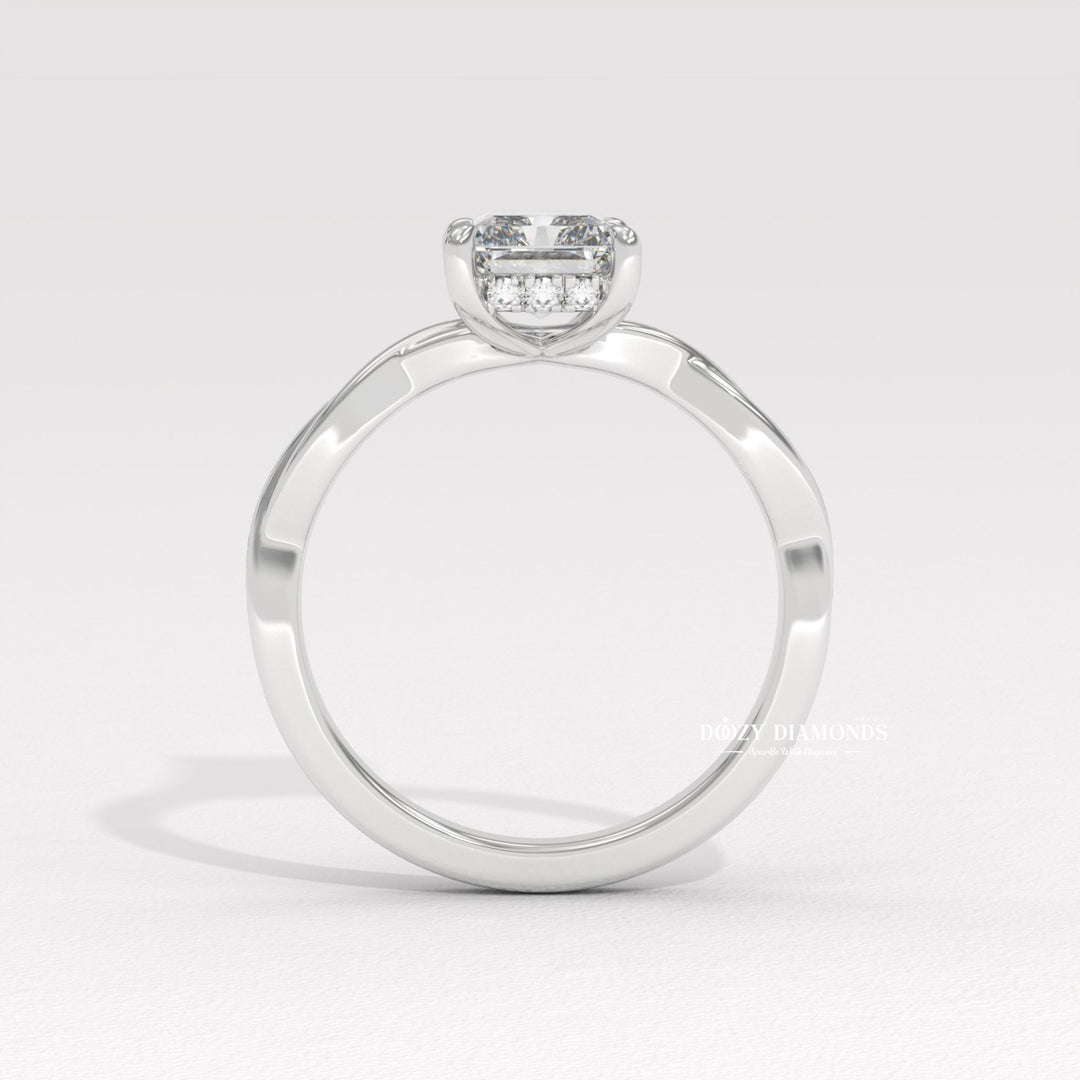 radiant halo ring, radiant hidden halo ring, radiant pave ring, radiant cathedral ring, radiant solitaire engagement ring, radiant bezel ring, radiant prong set ring, floral bridal ring, nature wedding ring, garden inspired ring, organic design ring, twig engagement ring, woodland