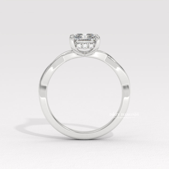 radiant halo ring, radiant hidden halo ring, radiant pave ring, radiant cathedral ring, radiant solitaire engagement ring, radiant bezel ring, radiant prong set ring, floral bridal ring, nature wedding ring, garden inspired ring, organic design ring, twig engagement ring, woodland