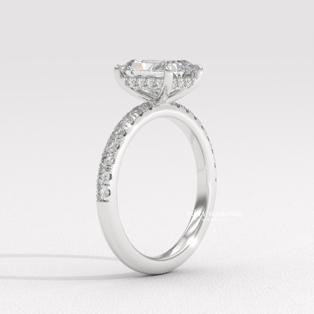 radiant solitaire engagement ring, radiant bezel ring, radiant prong set ring, four prong radiant ring, double halo radiant ring, micro pave radiant ring, french pave radiant ring, shared prong diamond ring,