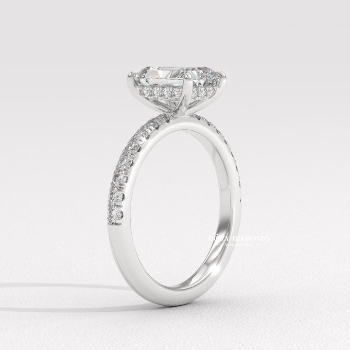 radiant solitaire engagement ring, radiant bezel ring, radiant prong set ring, four prong radiant ring, double halo radiant ring, micro pave radiant ring, french pave radiant ring, shared prong diamond ring,