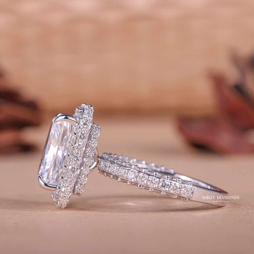 Radiant cut engagement ring side view showing band detail