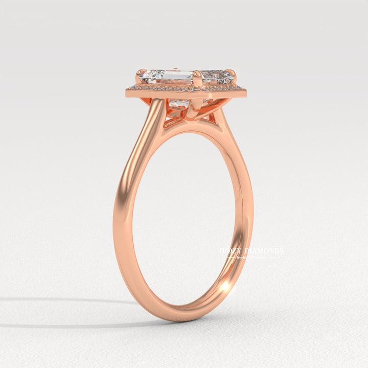 Emerald cut white gold engagement ring
Emerald cut rose gold halo ring
Emerald diamond platinum channel set