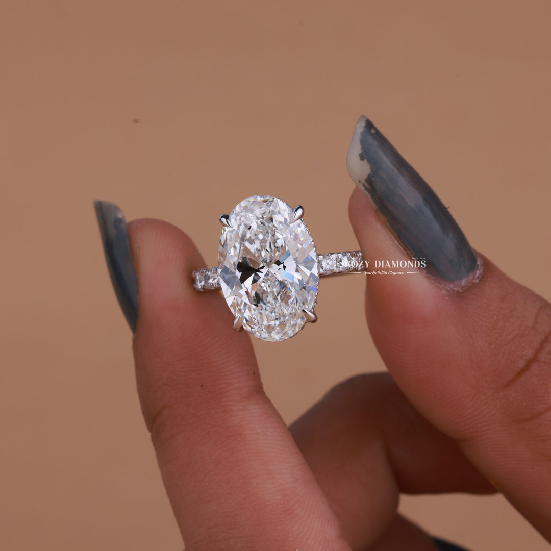 4.50CT - 5.50CT Oval Cut E/VS1 Lab Grown Diamond Hidden Halo Engagement Ring - Doozy Diamonds