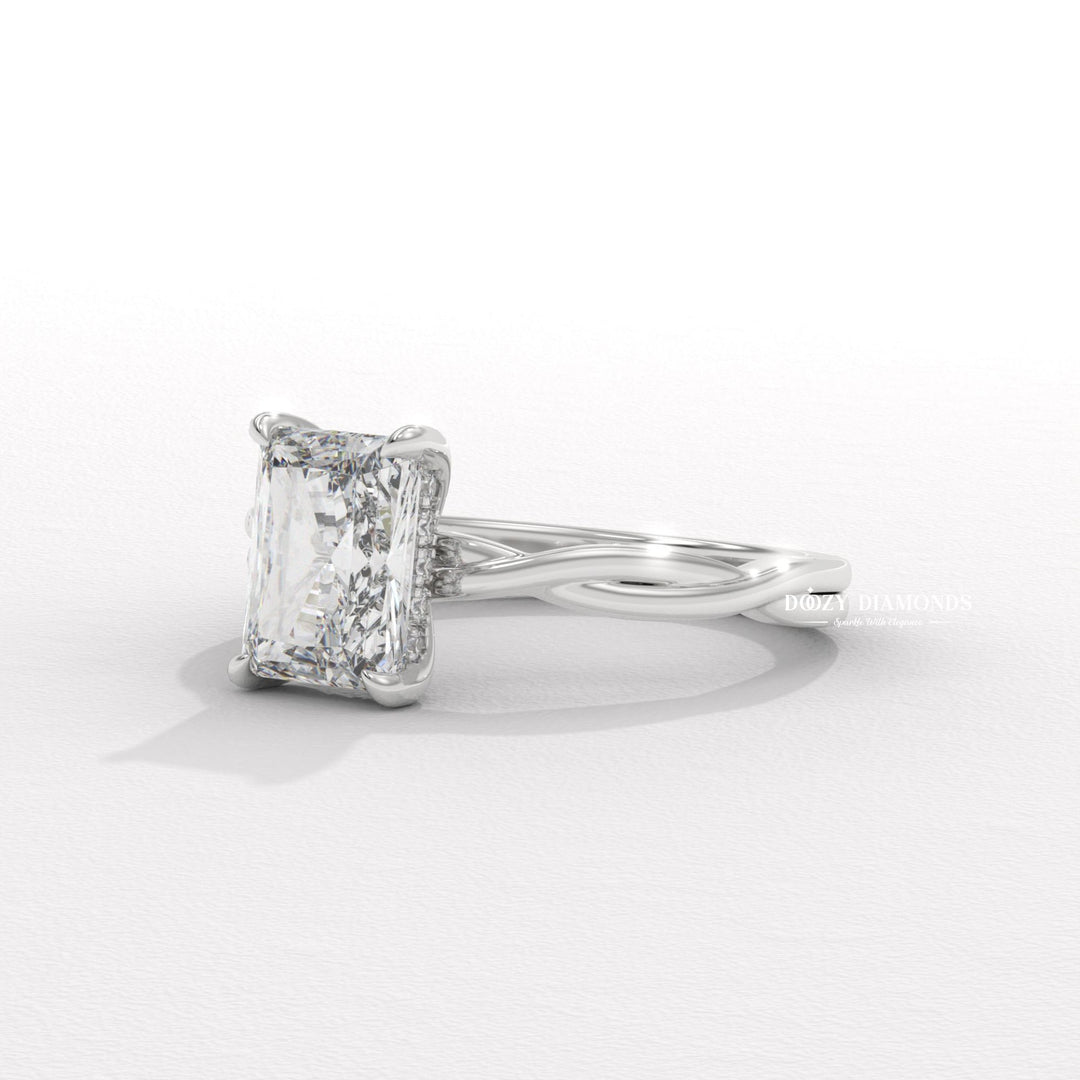 woodland engagement ring, rose inspired ring, vintage floral ring, artisan engagement ring, luxury radiant ring, vintage style ring, modern romantic ring, classic radiant ring, radiant diamond solitaire, solitaire engagement ring, micro pave diamond ring, french pave ring,