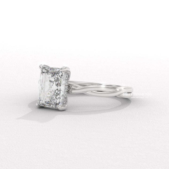woodland engagement ring, rose inspired ring, vintage floral ring, artisan engagement ring, luxury radiant ring, vintage style ring, modern romantic ring, classic radiant ring, radiant diamond solitaire, solitaire engagement ring, micro pave diamond ring, french pave ring,