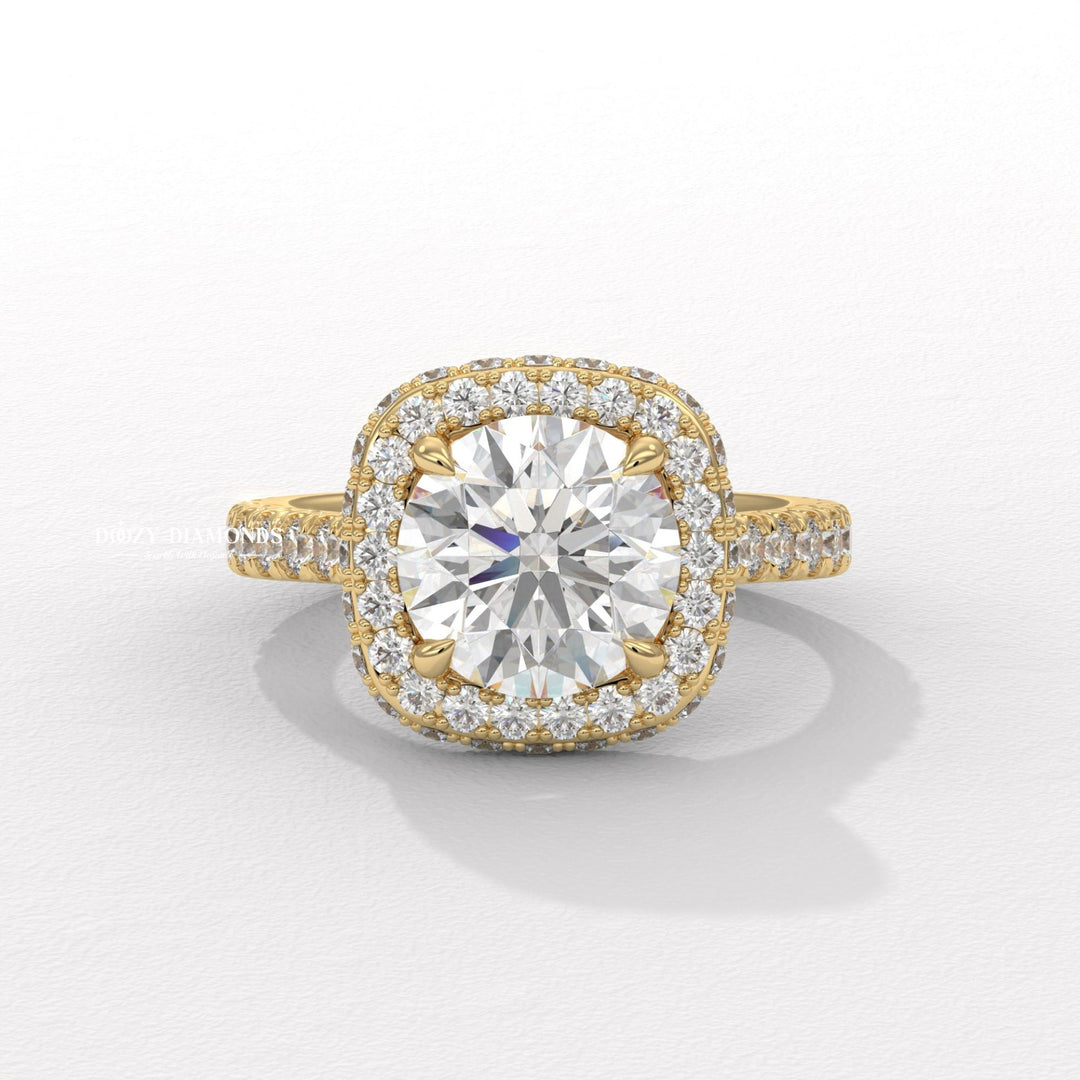 round halo engagement ring, three sided halo diamond ring, round cut lab grown diamond ring, lab grown diamond engagement ring, round brilliant diamond engagement ring