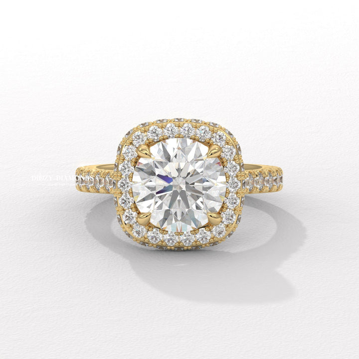 round halo engagement ring, three sided halo diamond ring, round cut lab grown diamond ring, lab grown diamond engagement ring, round brilliant diamond engagement ring