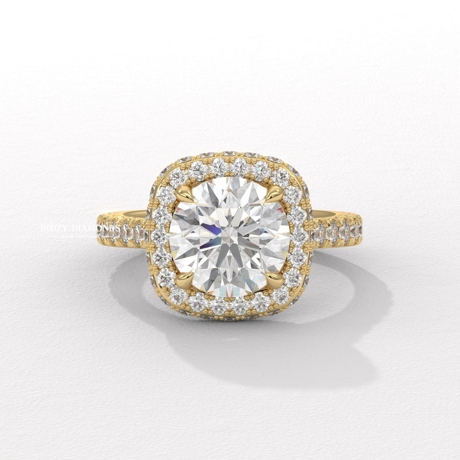 round halo engagement ring, three sided halo diamond ring, round cut lab grown diamond ring, lab grown diamond engagement ring, round brilliant diamond engagement ring