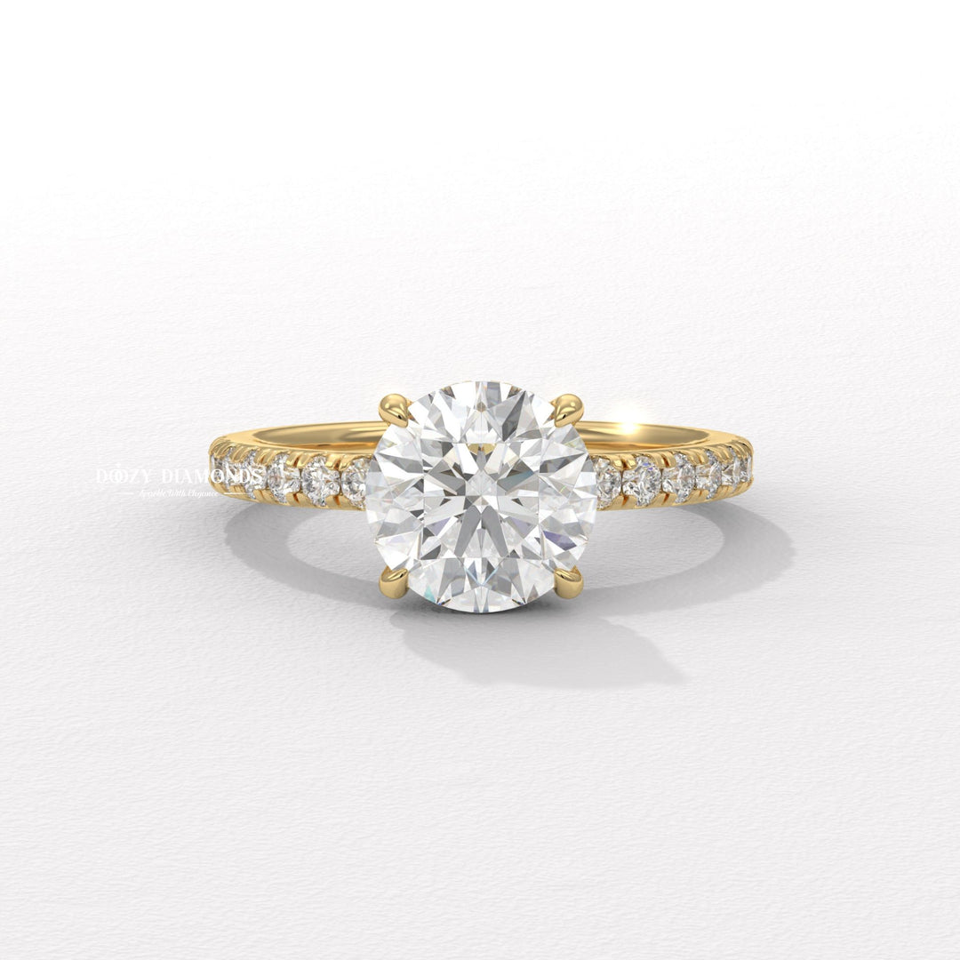 round brilliant diamond ring, round cut diamond ring, round lab diamond ring, round lab created diamond ring, round lab grown diamond ring, pavé engagement ring, pave diamond ring