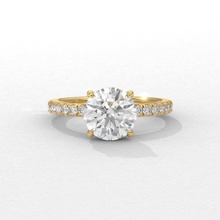 round brilliant diamond ring, round cut diamond ring, round lab diamond ring, round lab created diamond ring, round lab grown diamond ring, pavé engagement ring, pave diamond ring