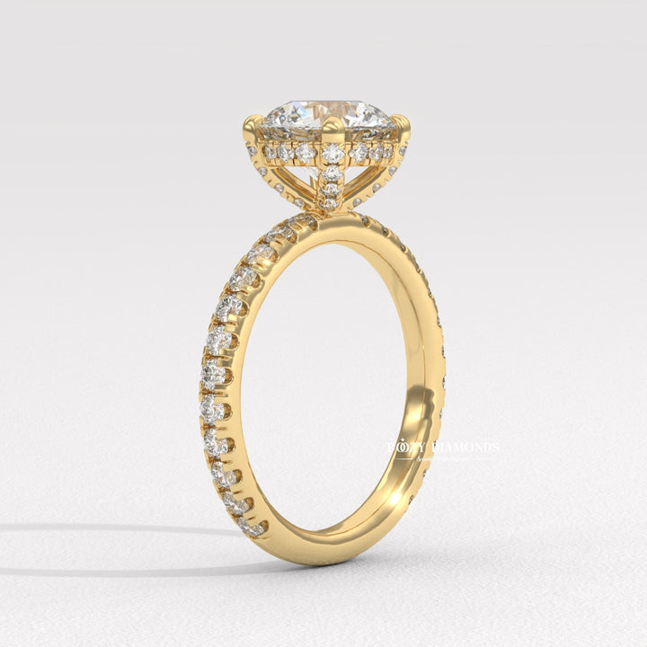 round cut diamond ring, hidden halo engagement ring, hidden halo diamond ring, round hidden halo ring, F VS diamond ring, F color diamond ring, VS clarity diamond ring, lab grown diamond ring