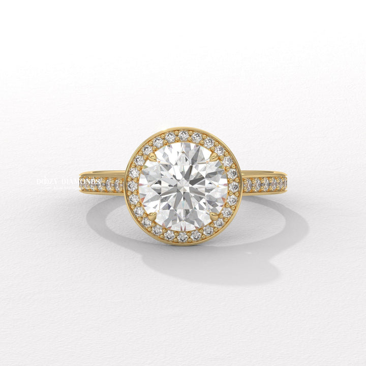 pave style engagement ring, round diamond engagement ring, halo engagement ring, round cut diamond ring, pave diamond engagement ring, halo diamond ring, round solitaire halo ring,