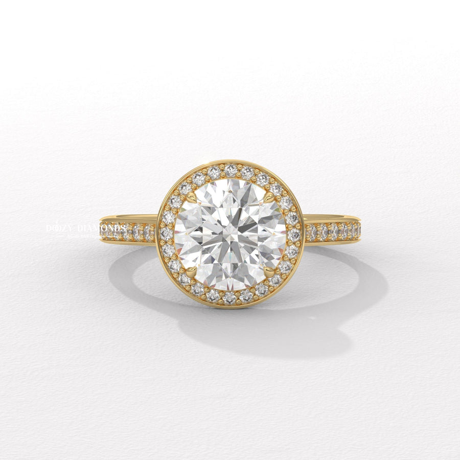 pave style engagement ring, round diamond engagement ring, halo engagement ring, round cut diamond ring, pave diamond engagement ring, halo diamond ring, round solitaire halo ring,
