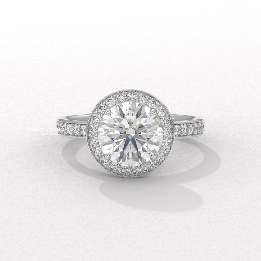 round brilliant engagement ring, luxury halo diamond ring, diamond proposal ring, sustainable bridal ring, ethical lab diamond ring, round cut lab diamond ring, halo wedding ring, fine jewelry engagement ring,