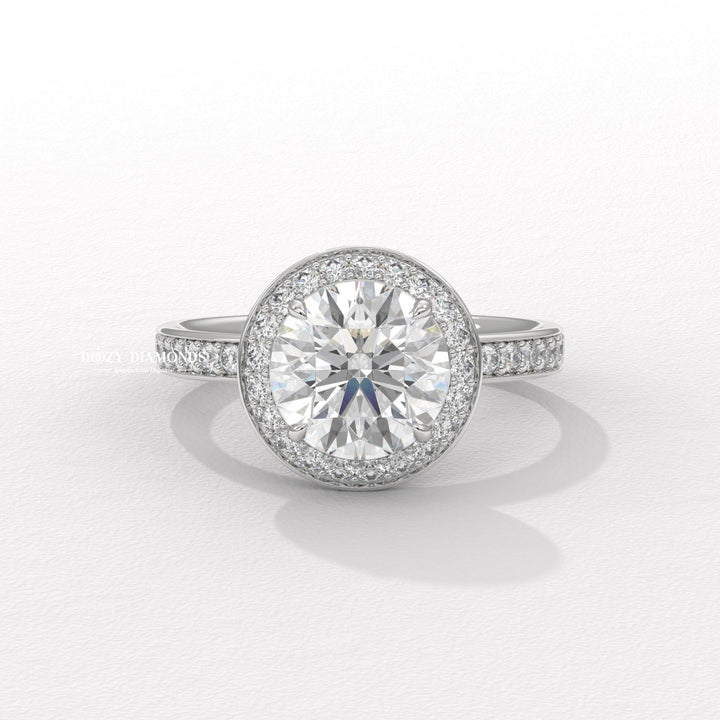 round brilliant engagement ring, luxury halo diamond ring, diamond proposal ring, sustainable bridal ring, ethical lab diamond ring, round cut lab diamond ring, halo wedding ring, fine jewelry engagement ring,