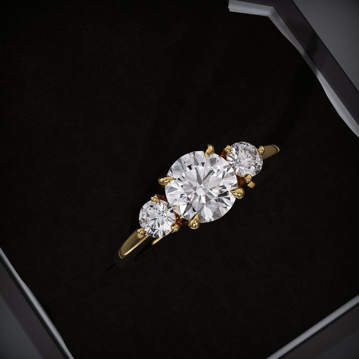 round lab grown diamond ring
three stone engagement ring
F VVS2 diamond ring
round cut engagement ring
lab grown diamond engagement ring