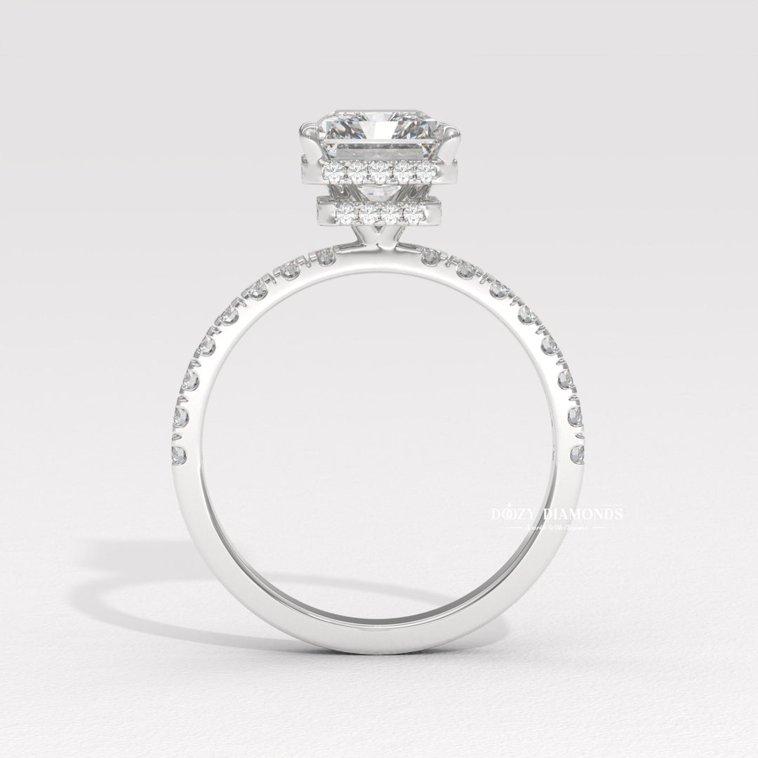 wedding proposal ring, premium bridal jewelry, timeless bridal jewelry, elegant bridal jewelry, radiant shape diamond ring, radiant wedding ring, radiant bridal ring, halo diamond ring, double halo diamond ring, micro pave halo ring, cathedral halo ring, hidden halo radiant