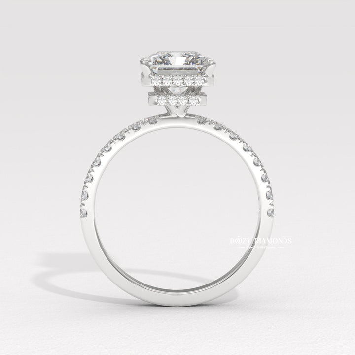 wedding proposal ring, premium bridal jewelry, timeless bridal jewelry, elegant bridal jewelry, radiant shape diamond ring, radiant wedding ring, radiant bridal ring, halo diamond ring, double halo diamond ring, micro pave halo ring, cathedral halo ring, hidden halo radiant