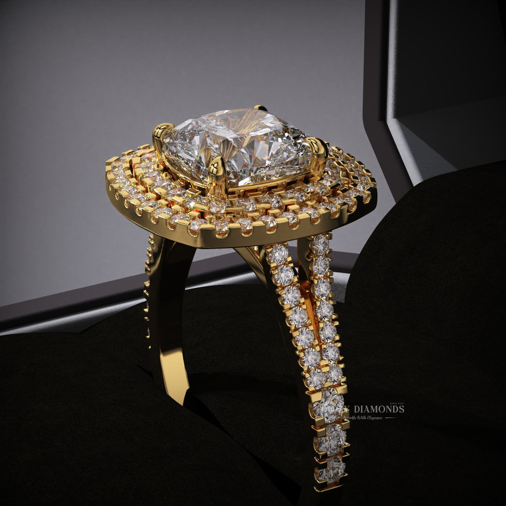 F VS1 diamond ring
cushion cut engagement ring
lab grown diamond engagement ring
cushion double halo ring
split shank diamond ring
sustainable engagement ring
eco friendly diamond ring
ethical diamond ring
lab created diamond ring
cushion cut lab diamond