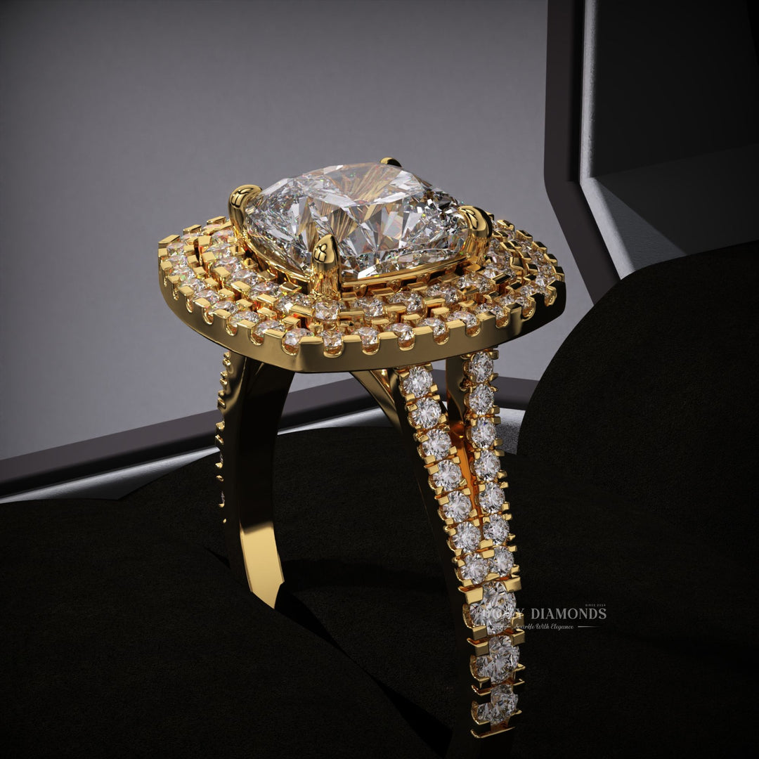F VS1 diamond ring
cushion cut engagement ring
lab grown diamond engagement ring
cushion double halo ring
split shank diamond ring
sustainable engagement ring
eco friendly diamond ring
ethical diamond ring
lab created diamond ring
cushion cut lab diamond
