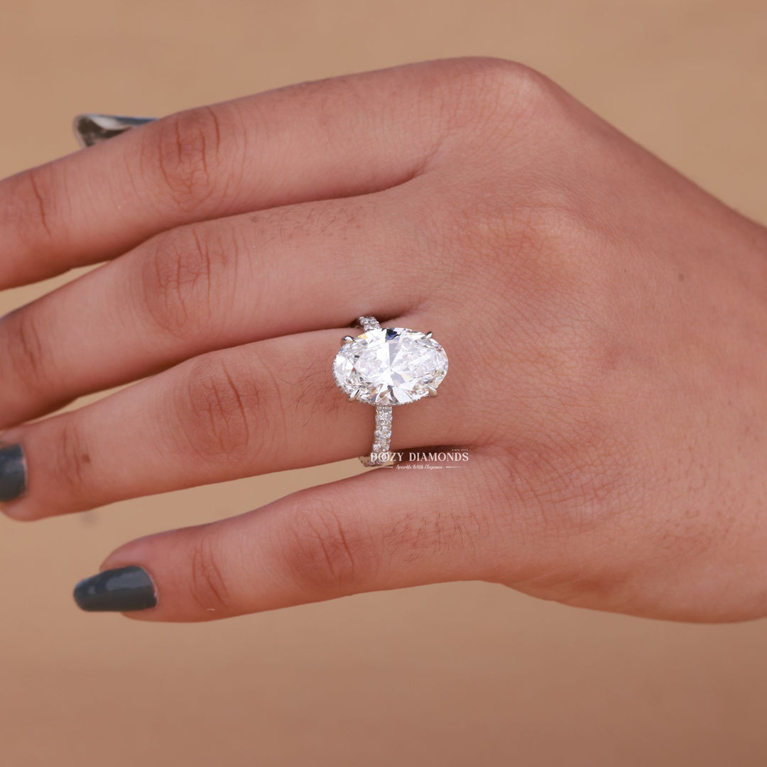 4.50CT - 5.50CT Oval Cut E/VS1 Lab Grown Diamond Hidden Halo Engagement Ring - Doozy Diamonds