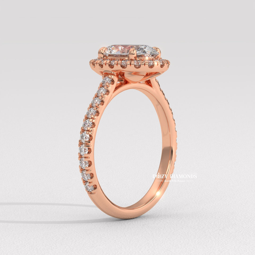 sustainable bridal ring, ethical lab diamond ring, oval cut lab diamond ring, halo wedding ring, fine jewelry engagement ring, dazzling halo ring, solitaire halo engagement ring,
