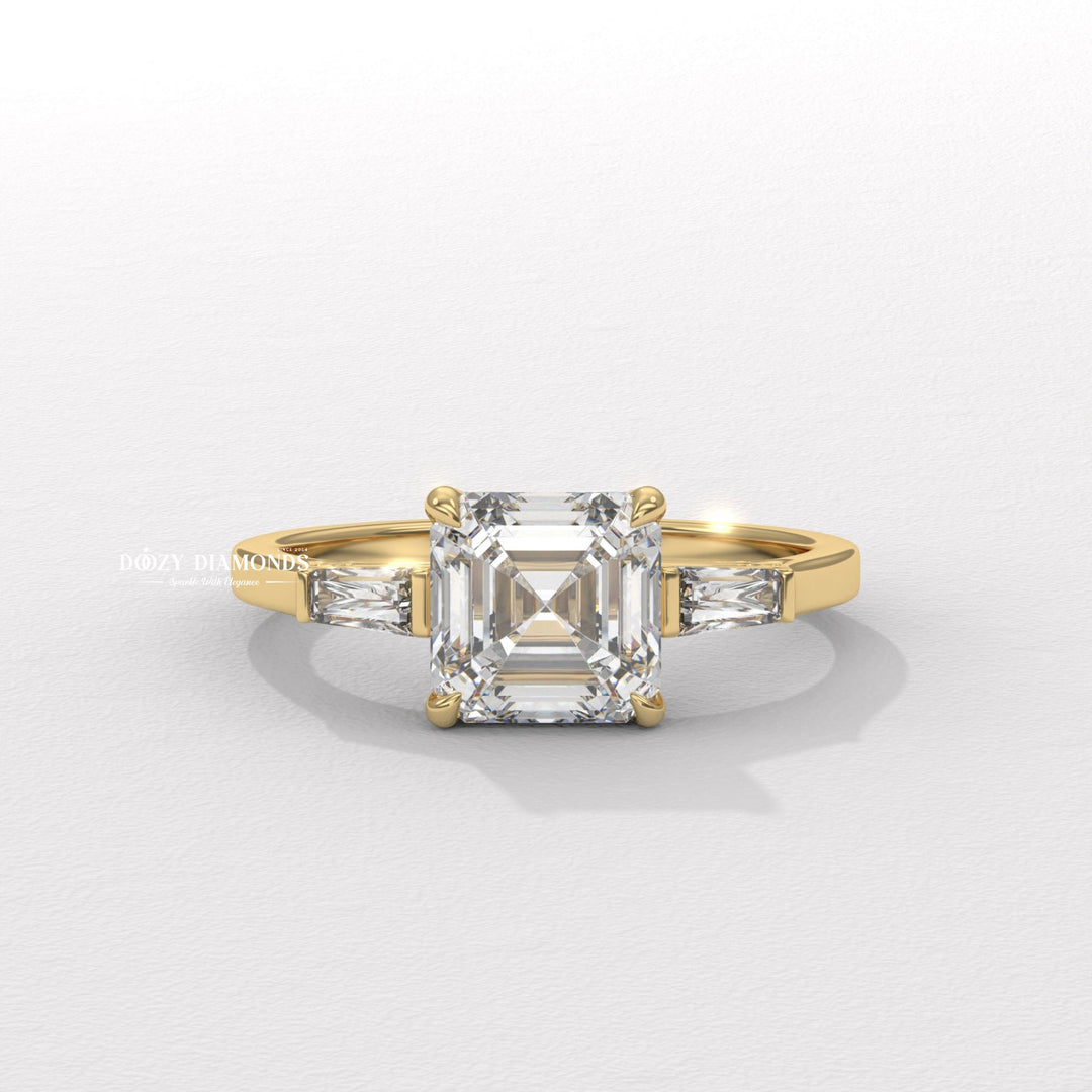 three stone diamond ring, asscher lab grown