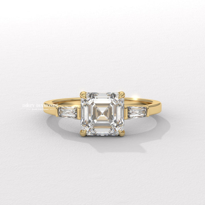 three stone diamond ring, asscher lab grown