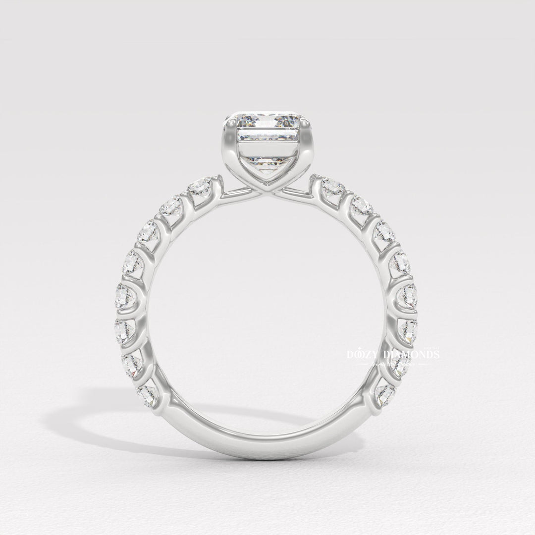 emerald cathedral ring, emerald solitaire ring, emerald bezel ring, emerald prong set ring, basket setting ring, gallery rail ring, micro pave diamond ring, french pave ring, shared prong pave ring,