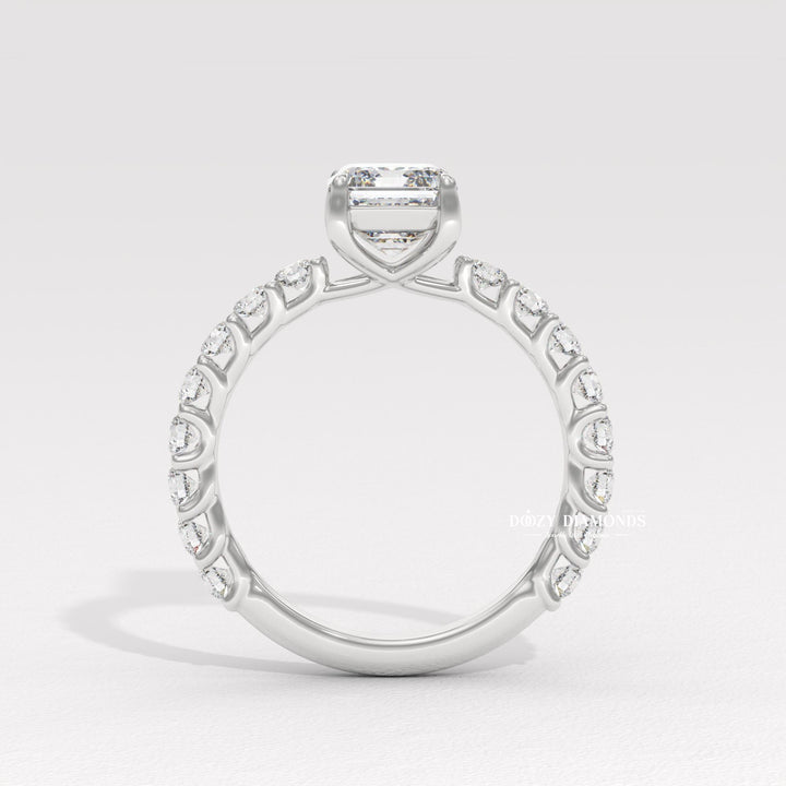 emerald cathedral ring, emerald solitaire ring, emerald bezel ring, emerald prong set ring, basket setting ring, gallery rail ring, micro pave diamond ring, french pave ring, shared prong pave ring,