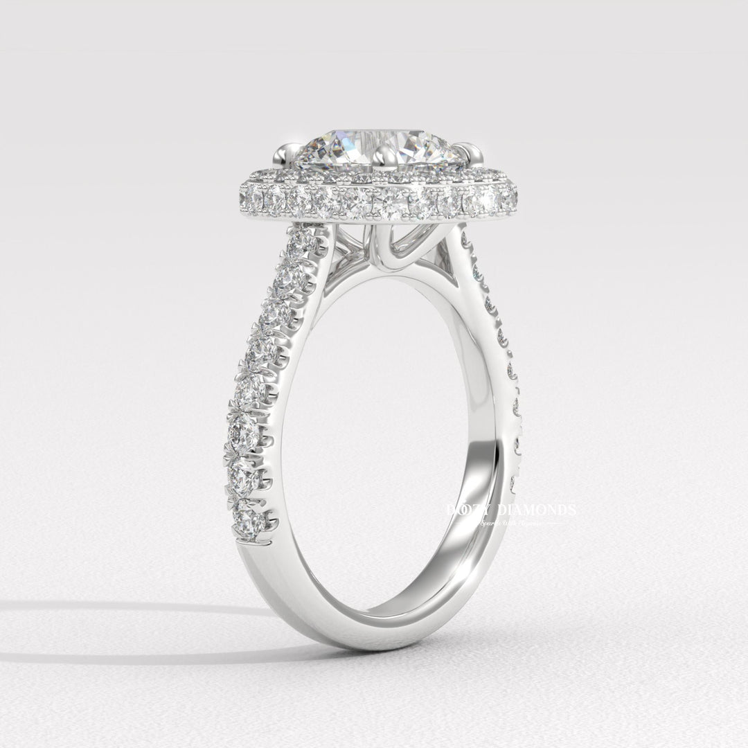 timeless bridal jewelry, round halo setting, halo lab diamond ring, engagement ring trends, designer bridal jewelry, statement bridal ring, glamorous halo ring, round halo engagement ring for women, lab grown diamond halo ring, luxury proposal jewelry, wedding jewelry for women