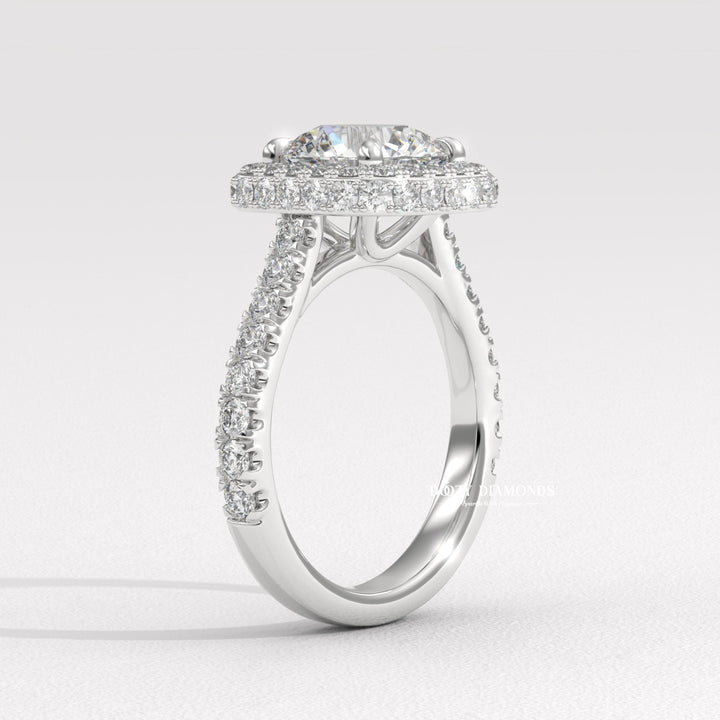 timeless bridal jewelry, round halo setting, halo lab diamond ring, engagement ring trends, designer bridal jewelry, statement bridal ring, glamorous halo ring, round halo engagement ring for women, lab grown diamond halo ring, luxury proposal jewelry, wedding jewelry for women