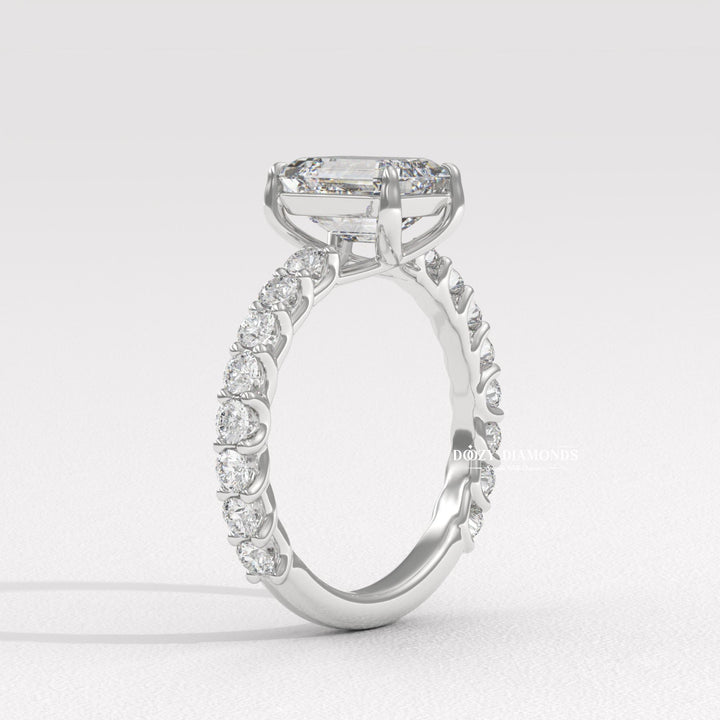 emerald center stone ring, elongated diamond ring, engagement and wedding ring, bridal stack ring, luxury bridal jewelry, handcrafted diamond ring, fine diamond jewelry, sparkling diamond band