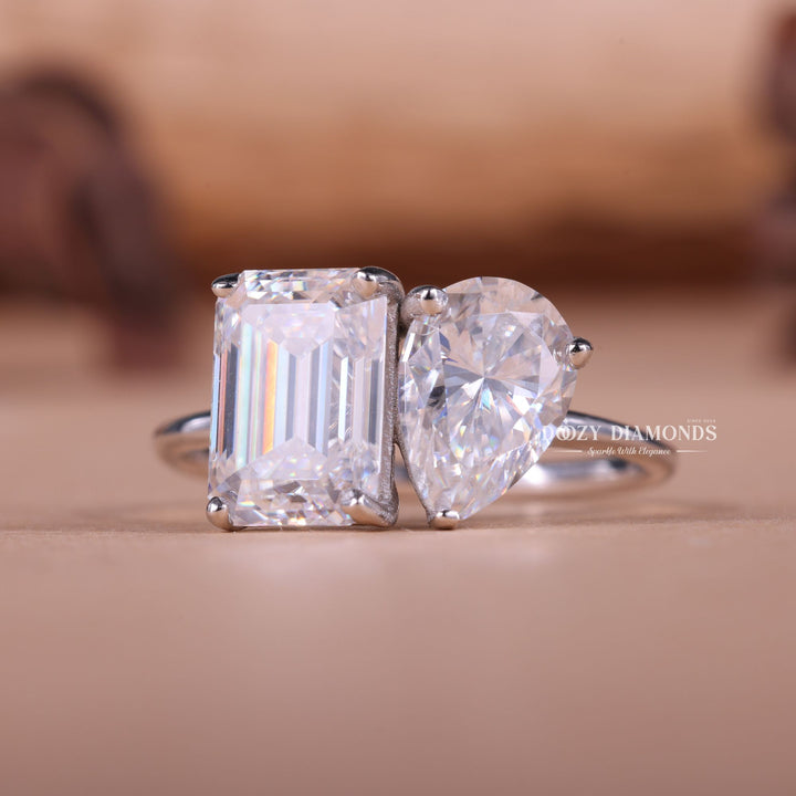 Pear & Emerald Cut Lab Grown E/VS1 Two Stone Diamond Engagement Ring - Doozy Diamonds