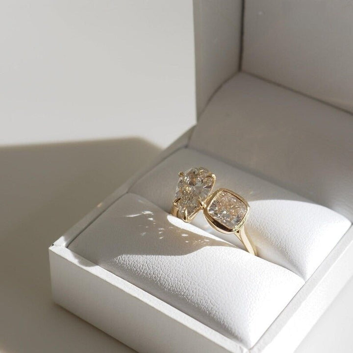 , toi et moi ring, two stone engagement ring, dual stone ring, designer engagement ring, modern engagement ring, contemporary engagement ring, elegant engagement ring, timeless engagement ring,