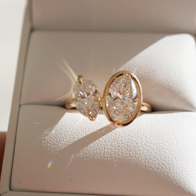 eco conscious jewelry, lab grown bridal ring, lab grown wedding ring, oval lab diamond ring, oval lab grown diamond ring, bezel lab diamond ring, toi et moi lab diamond ring, premium lab created diamond ring,