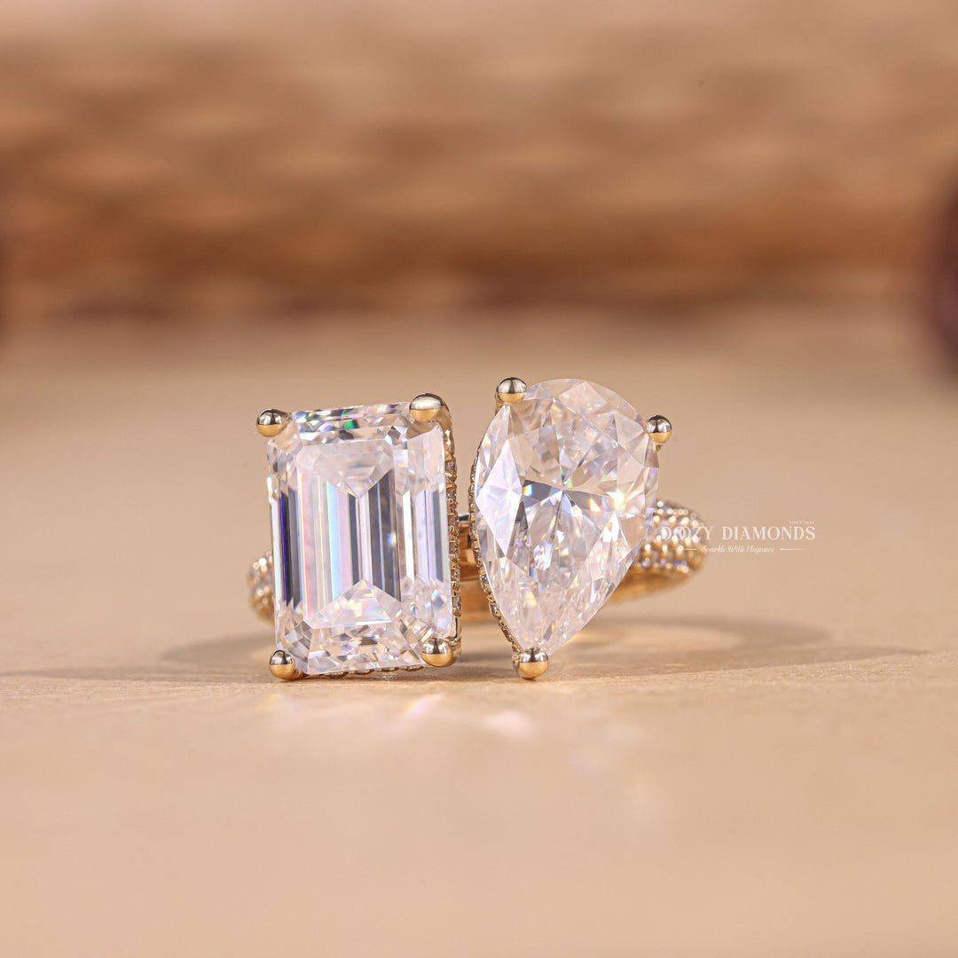 Pear & Emerald Cut Lab Grown Toi et Moi Diamond F/VS1 Micro Pave Engagement Ring - Doozy Diamonds