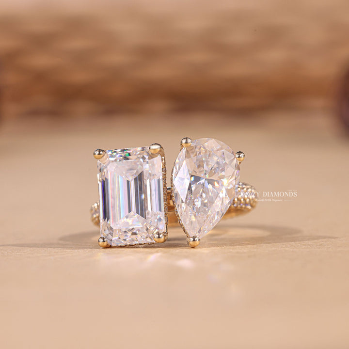 Pear & Emerald Cut Lab Grown Toi et Moi Diamond F/VS1 Micro Pave Engagement Ring - Doozy Diamonds