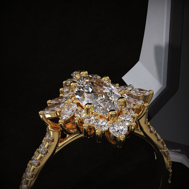 yellow gold diamond ring
cluster diamond ring
marquise cut engagement ring
lab created diamond ring
ethical engagement ring
vintage style engagement ring
