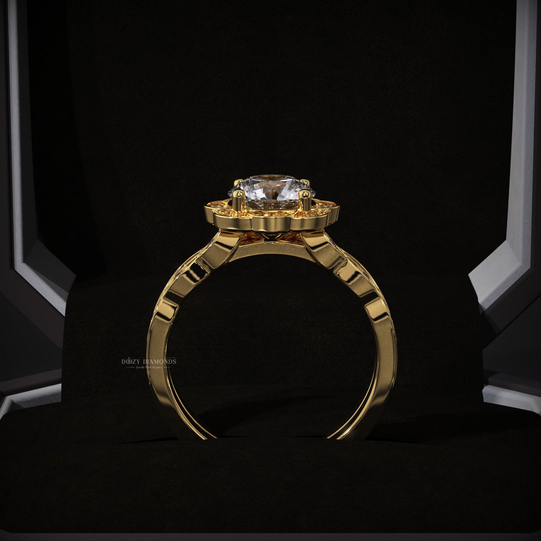 Round Lab Grown Flower Engagement Ring - Vintage Wedding Band Set