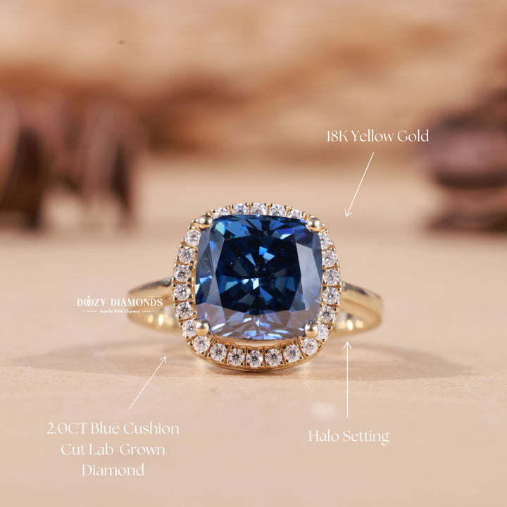 Royal Blue Cushion Cut Lab Grown E/VS2 Halo Diamond Engagement Ring - Doozy Diamonds