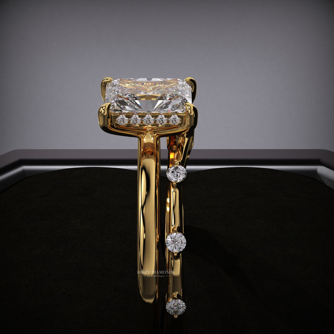 Radiant Lab Grown Diamond Hidden Halo Engagement Ring With Distance Pave Band